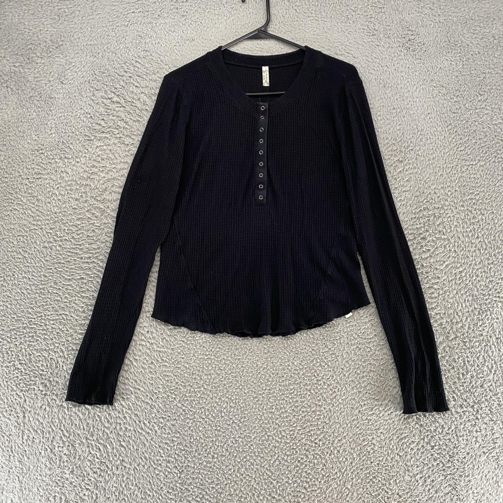 Free People Henley Top Womens XL Black Waffle Knit Top Stretch Long Sleeve